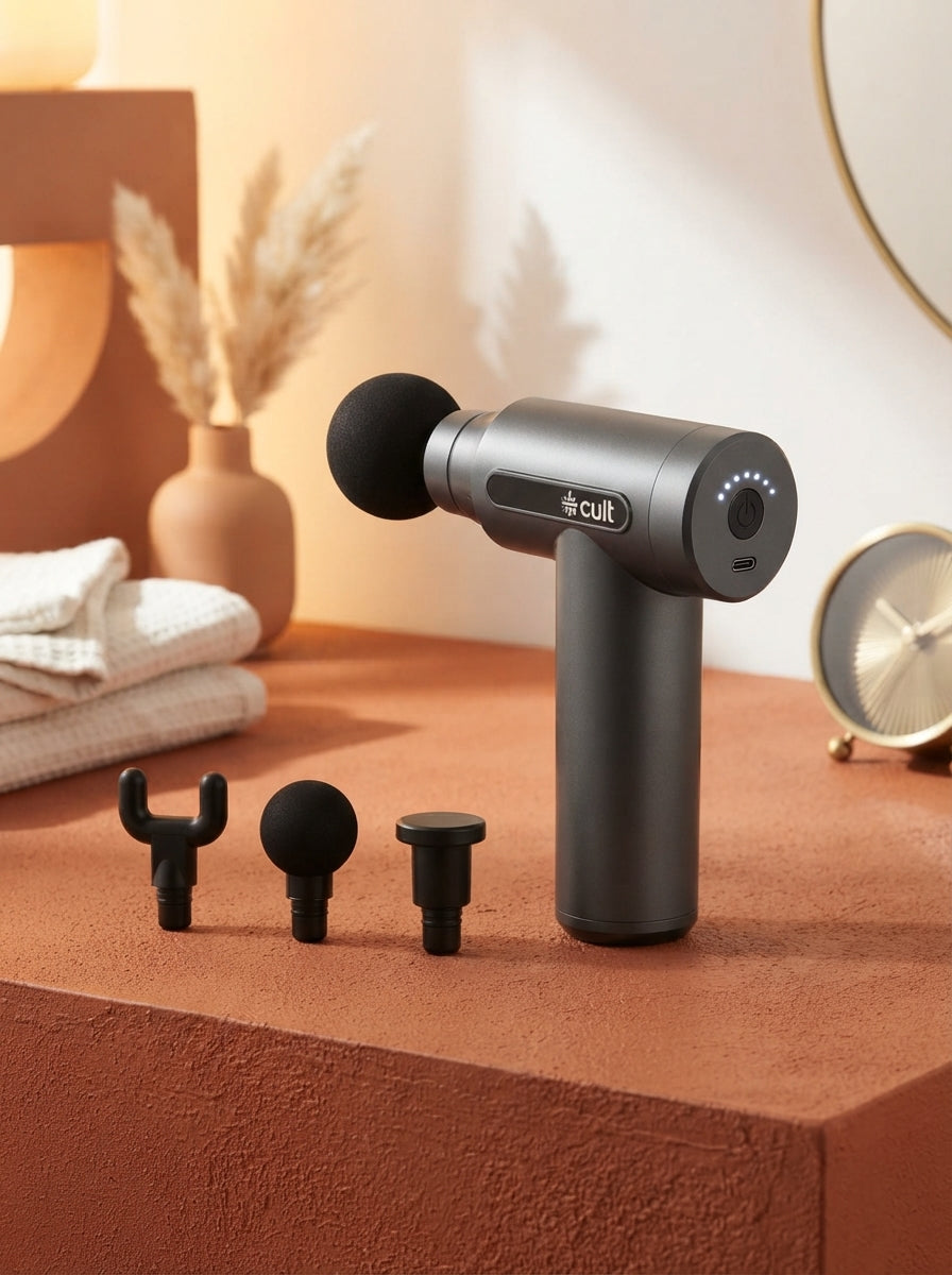 A black handheld massage gun with an LCD touch screen sitting on a terracotta surface in a bright, modern studio setting.
